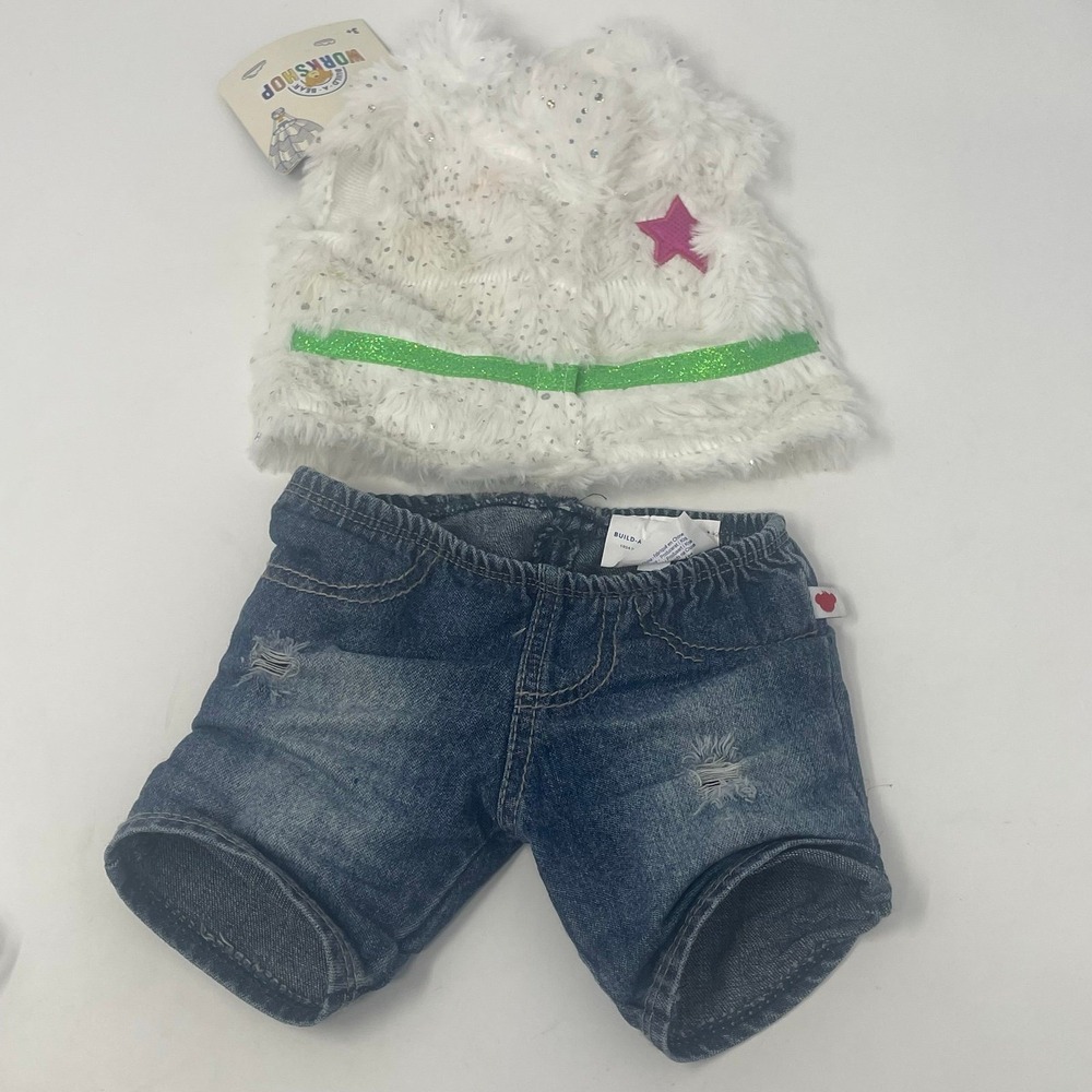 Build A Bear Honey Girls Plush Outfit Lot White Faux Fur Vest NWT Jeans Clothes